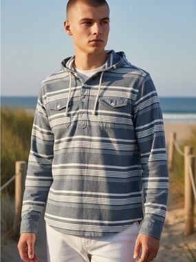 Chaps Ralph Lauren Cotton Blue & White Nautical Striped Cotton Hoodie Size Large